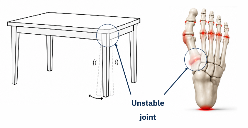 A wobbly table leg compared to an unstable first-ray joint in the forefoot